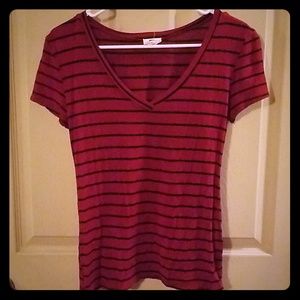 Red and black striped v-neck shirt size L